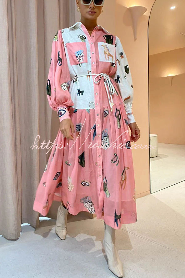 Playful Design Unique Print Balloon Sleeve Pocket Belt Shirt Midi Dress