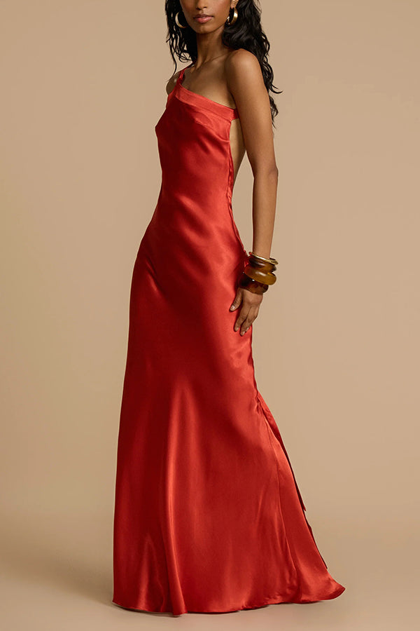 Moonlit Soiree Satin Asymmetrical One Shoulder Backless Strap Maxi Dress