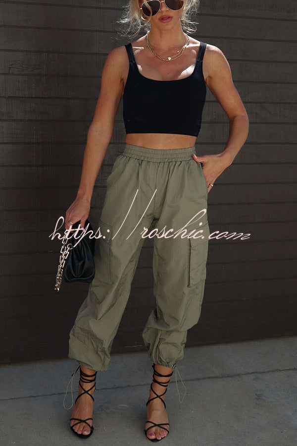 Let��s Rewind Nylon Elastic Waist Pocketed Cargo Pants