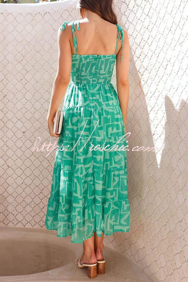 Unique Printed Suspender Tie Back Pleated Midi Dress