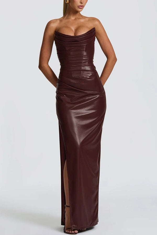 Alba Faux Leather Pleated Off Shoulder Neck Slit Stretch Maxi Dress