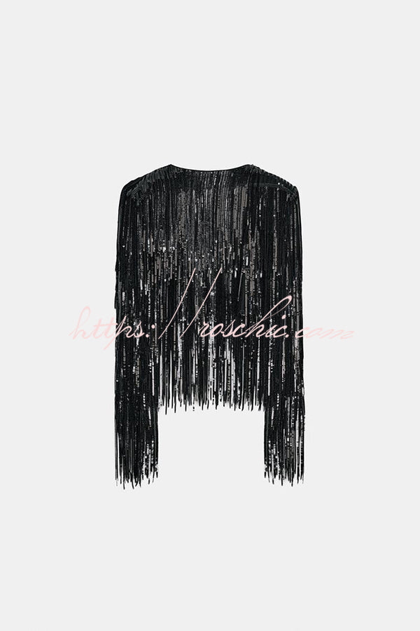 Party Crasher Layered Sequined Tassels Long Sleeve Loose Jacket
