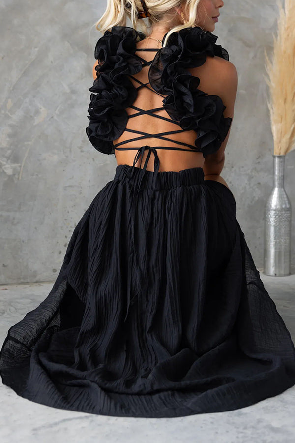 chinese dress ladies Luxe Lady Floral Ruffle Detail Back Lace-up Elastic Waist Maxi Dress –  roschic