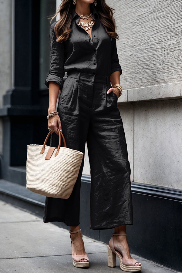 Solid Color Long-sleeved Lapel Casual Shirt and Pocket Loose Wide-leg Pants Set