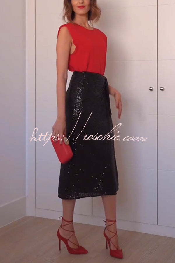 Crushing on You Sequin High Rise Wrap Tie-up Slit Midi Skirt