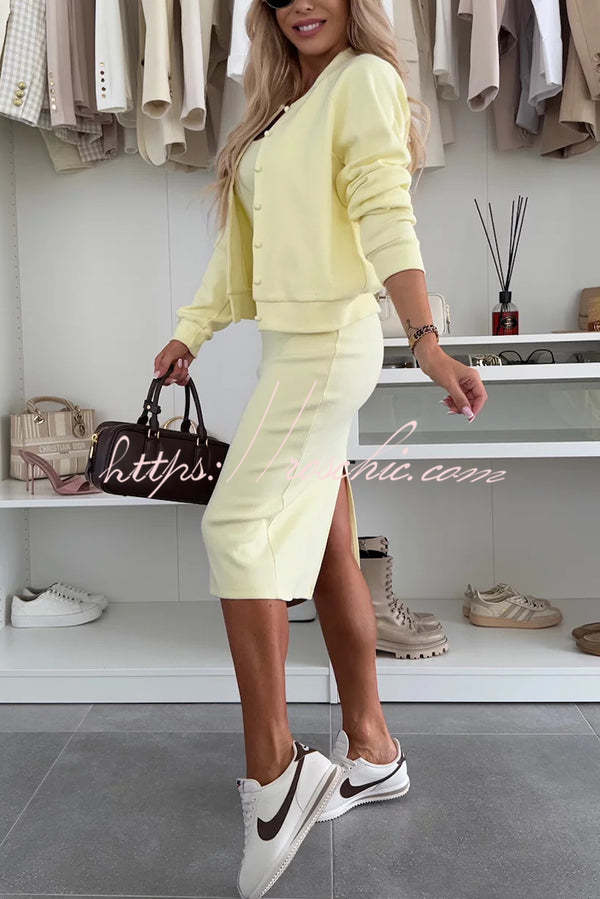 Comfort and Femininity Knit Ribbed Button Up Long Sleeve Bomber Jacket