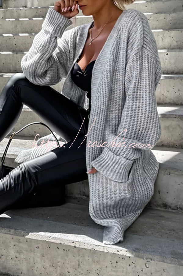 Solid Color Striped Pocket Long Sleeve Cardigan