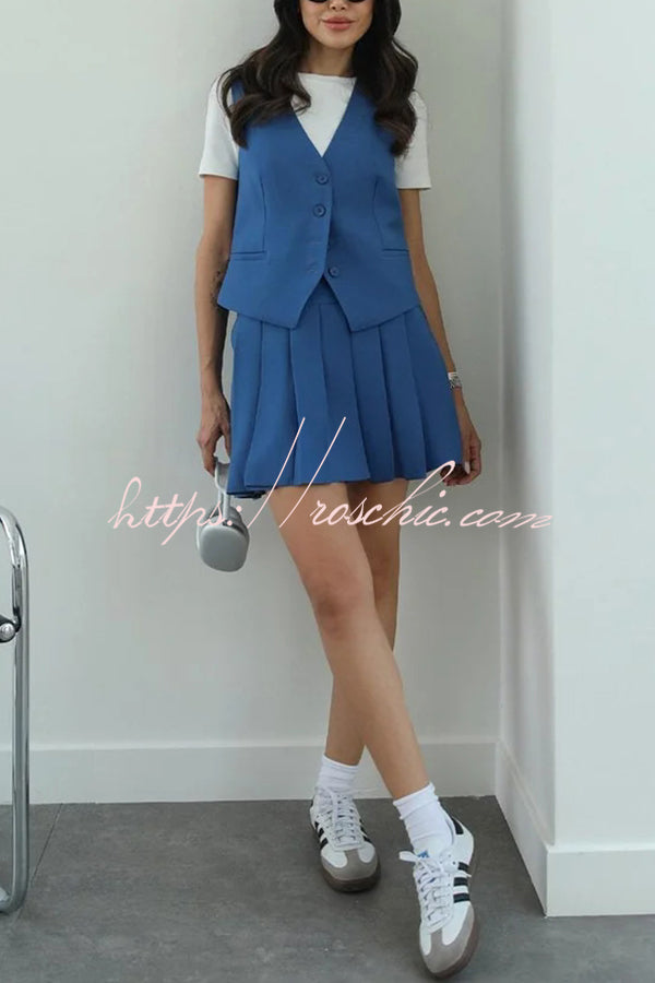 Solid Color Sleeveless Buttoned Vest and High-waisted Pleated Mini Skirt Set