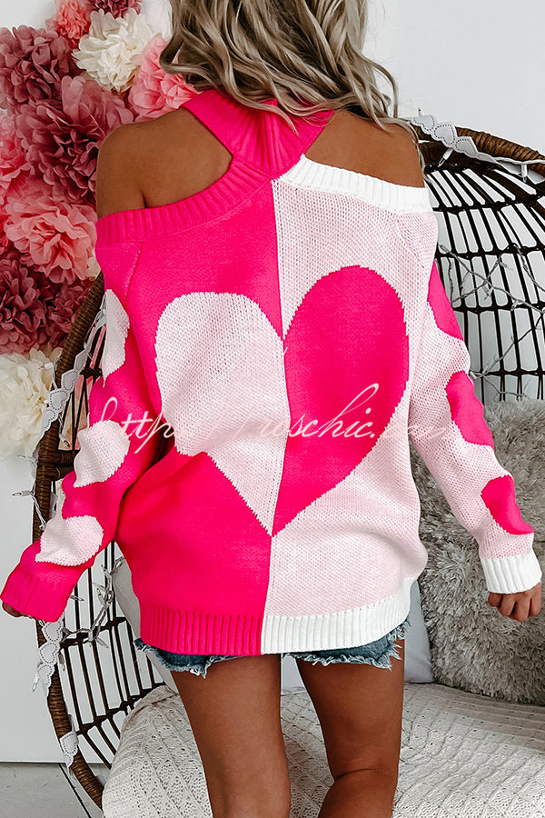 Fashionable Contrasting Heart-shaped Off-shoulder Long-sleeved Loose Sweater