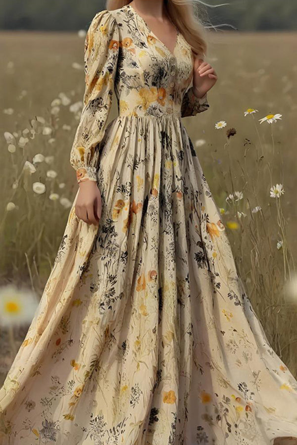 Floral Print Long-Sleeved Fitted Waist Casual Holiday Maxi Dress roschic Floral Print Long-Sleeved Fitted Waist Casual Holiday Maxi Dress roschic