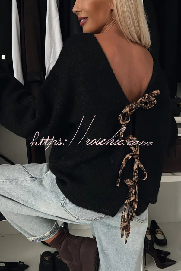 Fashionable Charm Knit Back Leopard Print Bow Tie-up Relaxed Sweater