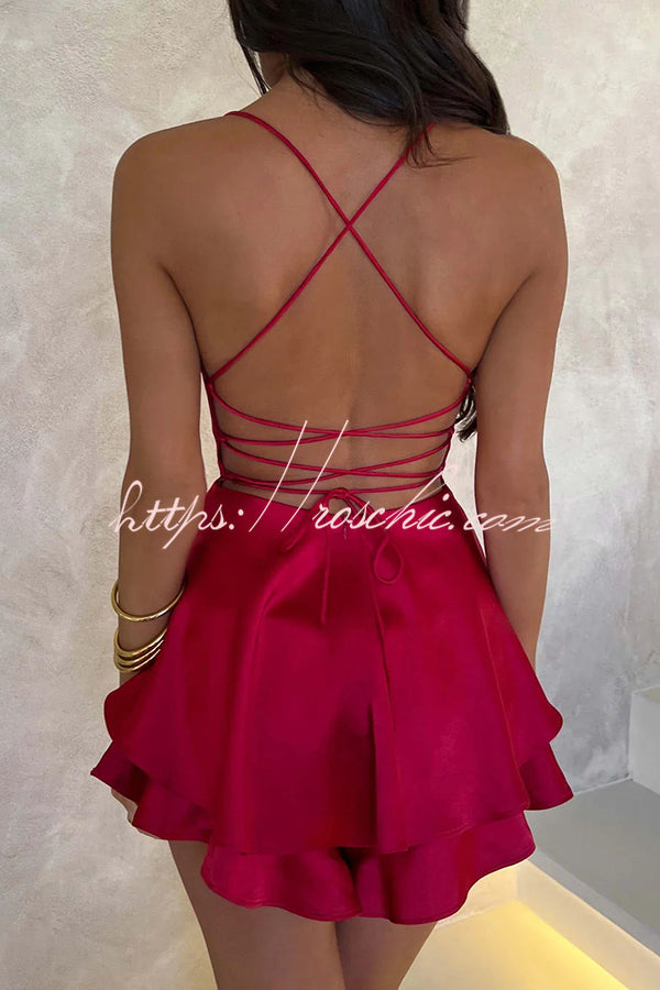 Ruffled Elegant Satin Strappy Satin Backless Lace Up Mini Dress