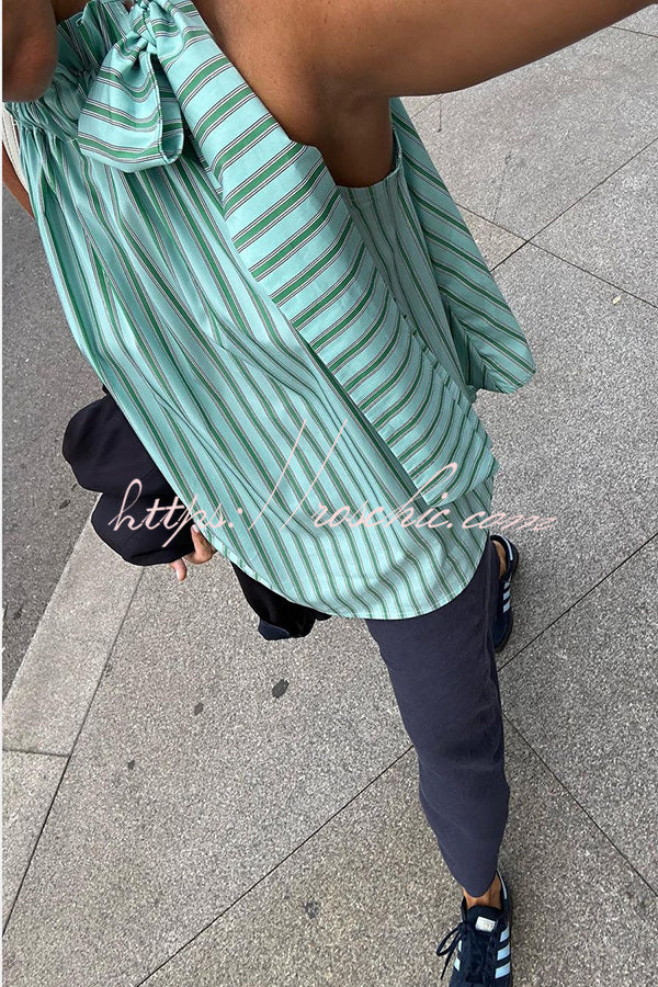 Casual Loose Ruffle Lace-up Collar Sleeveless Striped Top