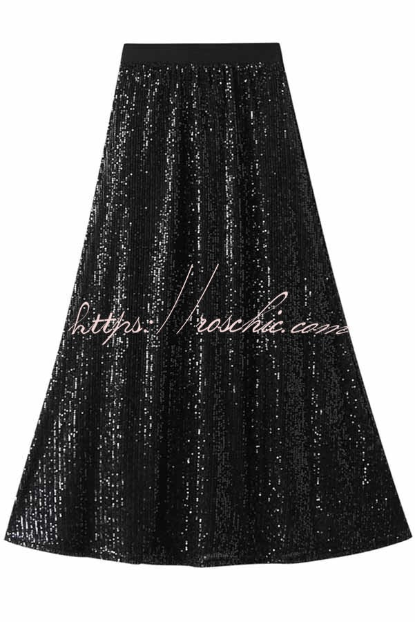 Golden Evening Sequin Elastic Waist Maxi Skirt