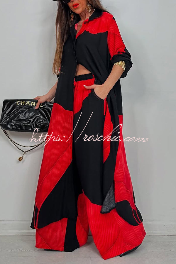 Unique Printed Casual Loose Long Shirt and Elastic Waist Pocket Wide Leg Pants Set