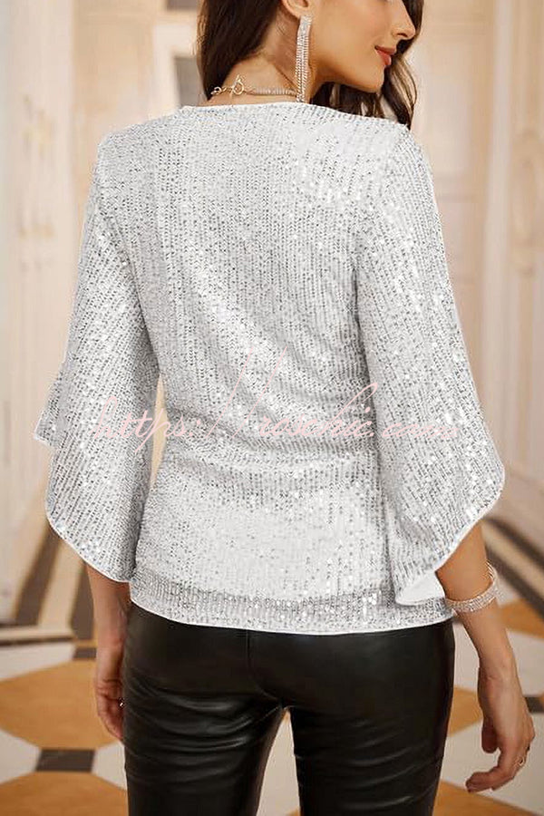 Solid Color Sequined V-neck Hollow Sleeve Slim Fit Top