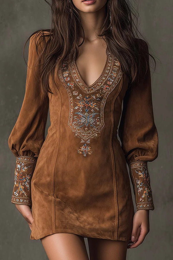 Fashionable Suede Embroidered V-neck Long-sleeved Slim-fit Mini Dress