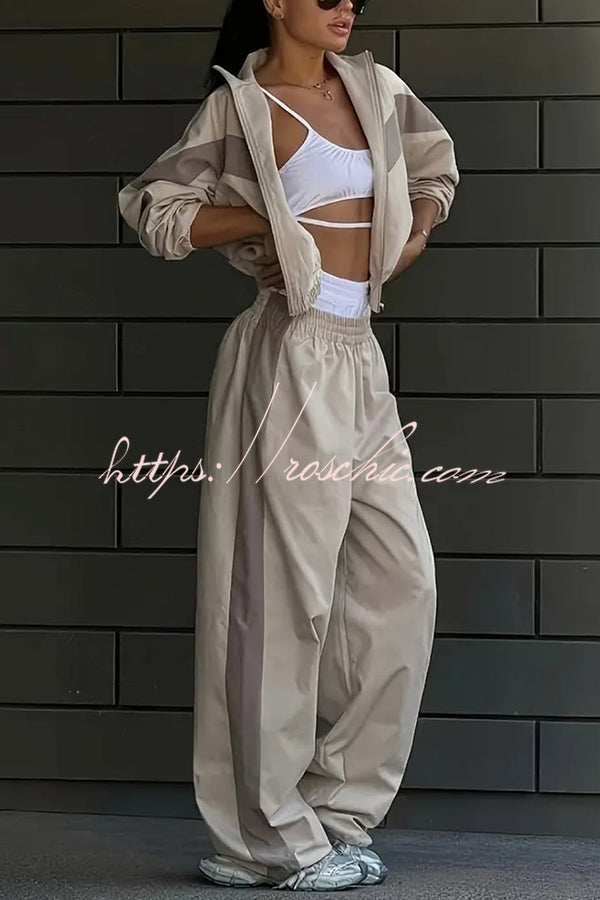 Fashionable Contrasting Long-sleeved Loose Coat and Elastic Waist Wide-leg Pants Set