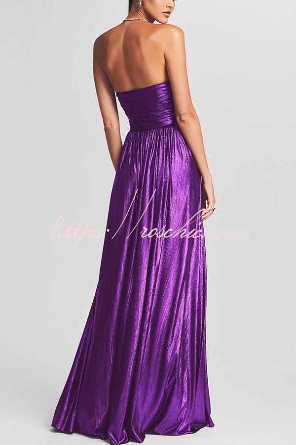 Goddess Temperament Metallic Pleated Fabric Off Shoulder Slit Maxi Dress