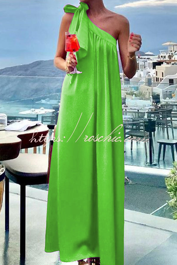 Beach Party Satin One Shoulder Bow Detail Loose Maxi Dress