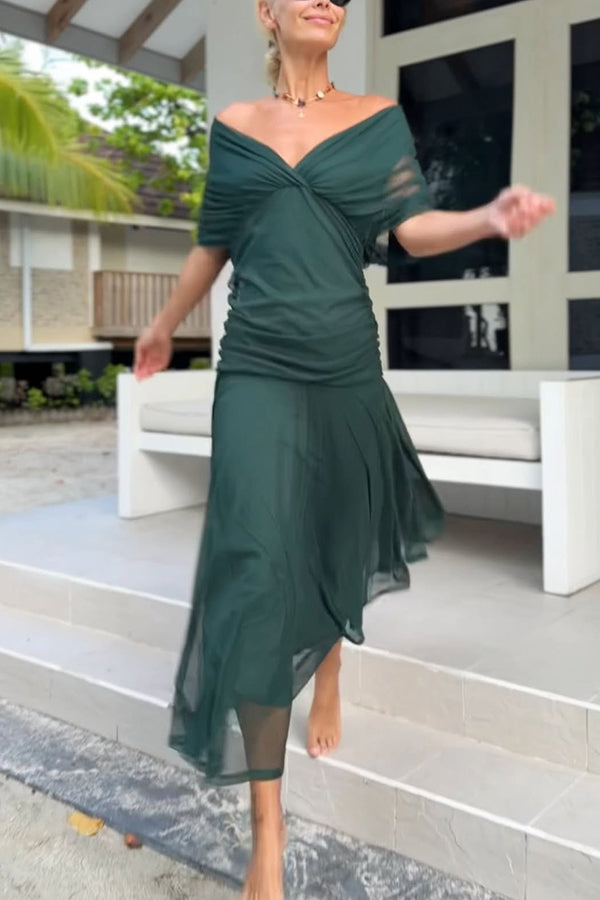 Unique Printed V-Neck Waisted Mesh Holiday Maxi Dress, Olive / XL Unique Printed V-Neck Waisted Mesh Holiday Maxi Dress, Olive / XL