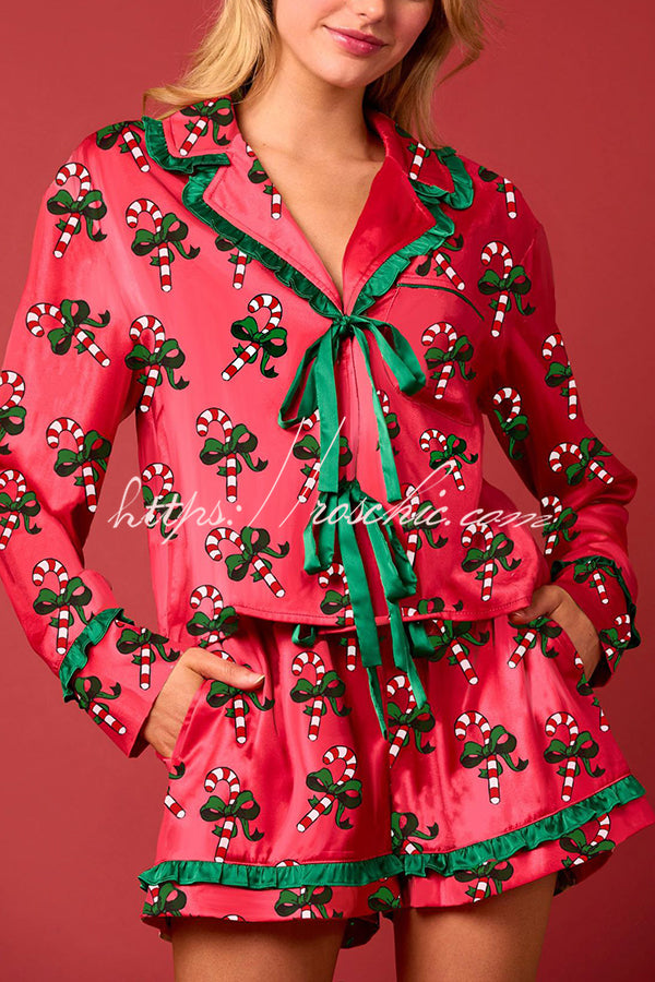 Christmas Holiday Print Bow Tie Long Sleeve and Elastic Waist Loose Shorts Set