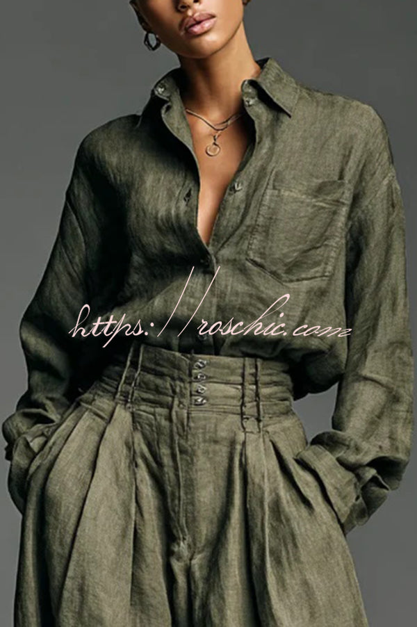 Linen Blend Lapel Long-sleeved Casual Shirt and High-waist Pocket Loose Wide-leg Pants Set