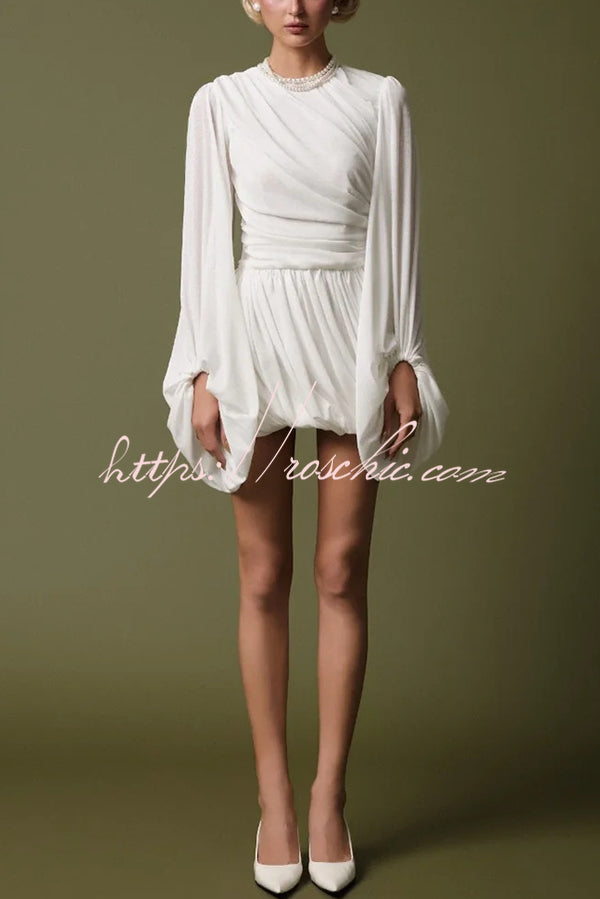 Solid Color Round Neck Lantern Long Sleeve Pleated Casual Mini Dress