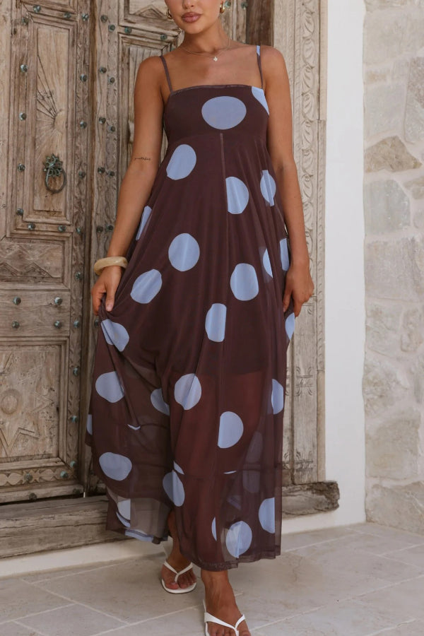 mesh vacation dress Polka Dot Print Mesh Spaghetti Strap Square Neck Vacation Maxi Dress