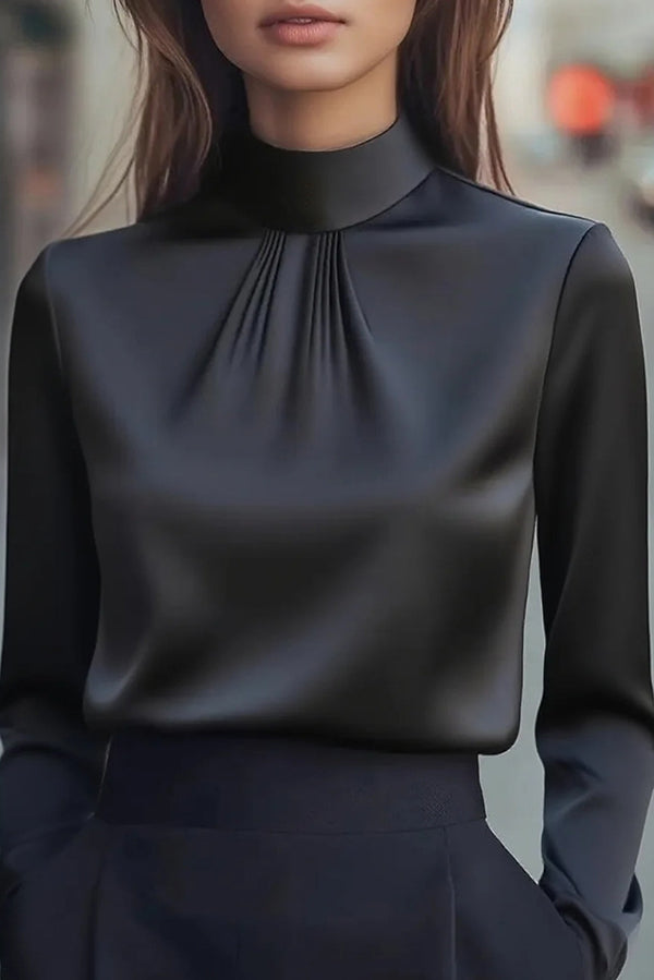 Solid Color Long-sleeved High-neck Casual Shirt