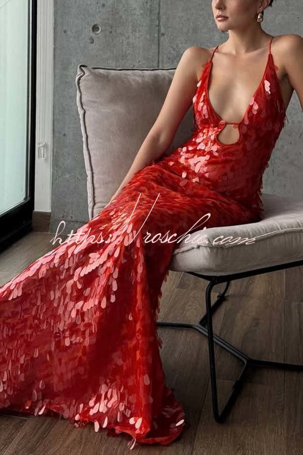 Reshape Beauty Fish Scale Sequin Cutout U-neck Slip Maxi Dress