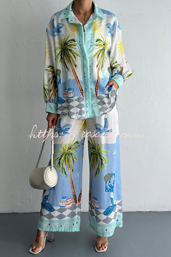 Holiday Style Print Loose Long Sleeve Shirt and Elastic Waist Loose Pocket Wide Leg Pants Set