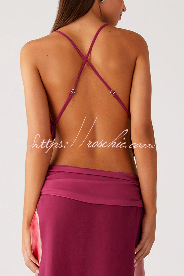 Sexy Deep V Backless Draped Camisole Top and Floral Print Chiffon Maxi Skirt Set