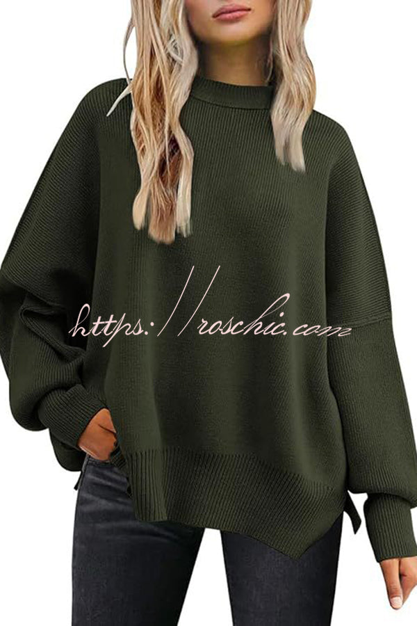 Distressed Knit Side Slit Long Sleeve Pullover Sweater