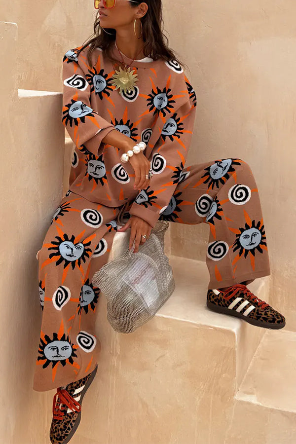 Mediterranean Art Knit Unique Sun Vortex Print Long Sleeve Relaxed Sweater
