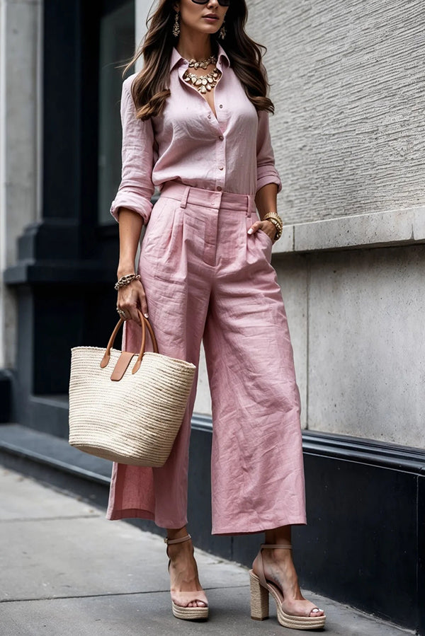 Solid Color Long-sleeved Lapel Casual Shirt and Pocket Loose Wide-leg Pants Set