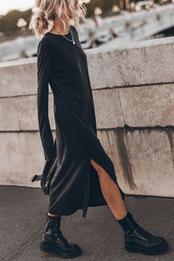 The Bedisse Cotton Blend Long Sleeve Relaxed Slit Midi Dress, Black / L The Bedisse Cotton Blend Long Sleeve Relaxed Slit Midi Dress, Black / L