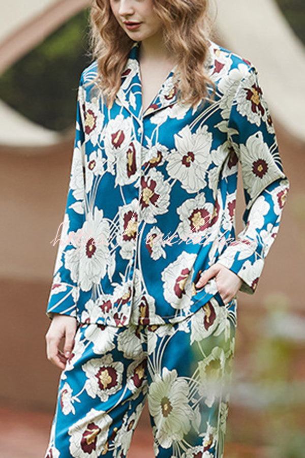 Blue and White Flower Print Home Long-sleeved Two-piece Set