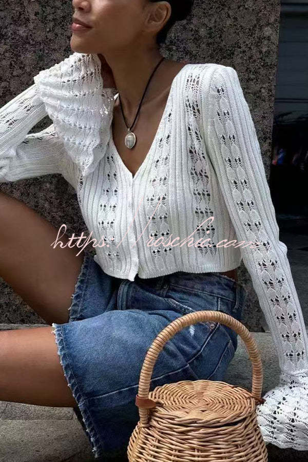 Fashion Hollow Button Long Sleeve V-neck Knitted Cardigan