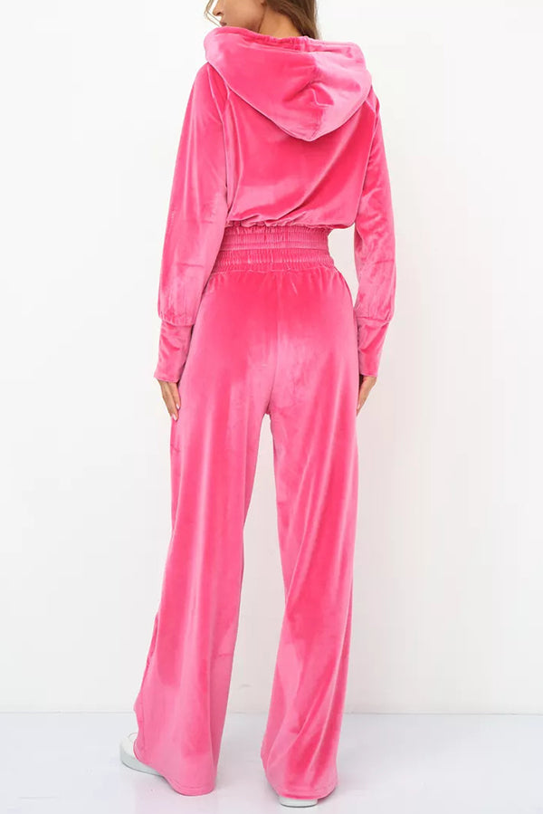 Solid Color Velvet Hooded Zip-up Sweatshirt and Elastic Waist Casual Pocket Straight-leg Pants Set