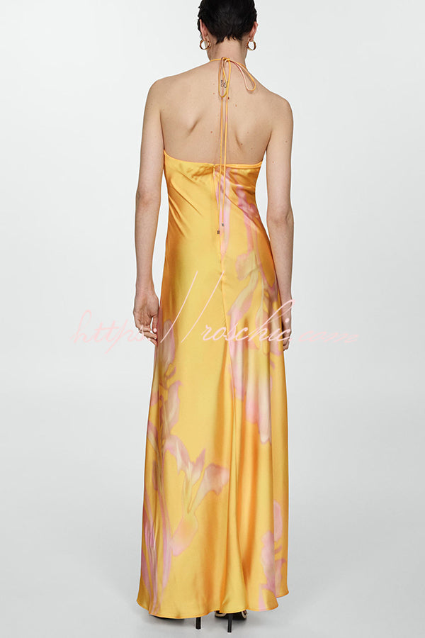 Catalina Island Satin Floral Print Twist Bust Halter Maxi