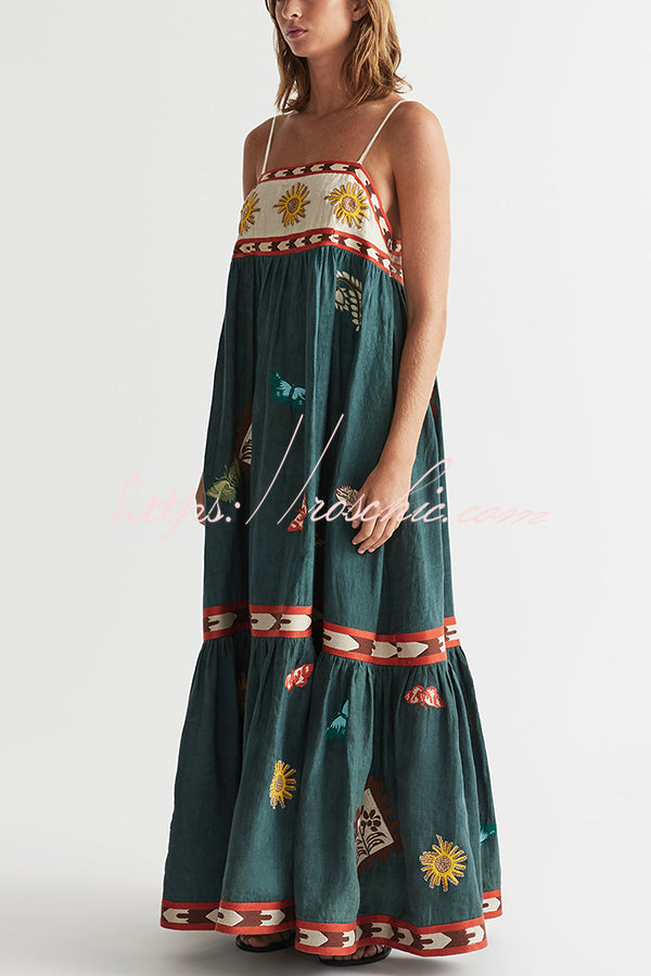 Unique Printed Sexy Suspender Backless Large Hem Maxi Dress