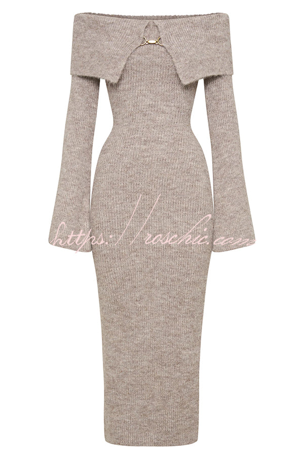 Solid Color Off-shoulder Long-sleeved Elegant Slim-fit Knit Maxi Dress
