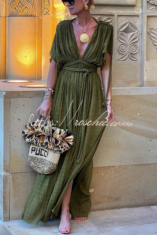 Greek Style Linen Blend Draped Braids Kimono Cover Up Slit Maxi Dress