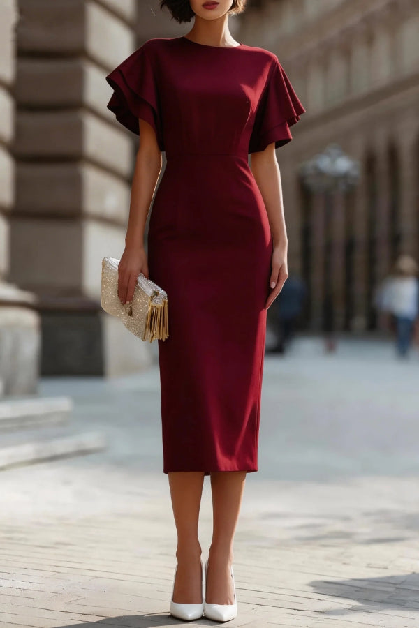 loose fitting dress with pockets Solid Color Round Neck Ruffle Sleeve Elegant Slim-fit Midi Stock:Sample only (not for sale) Waist TIE Vintage Three Quarter Length Black dress with the