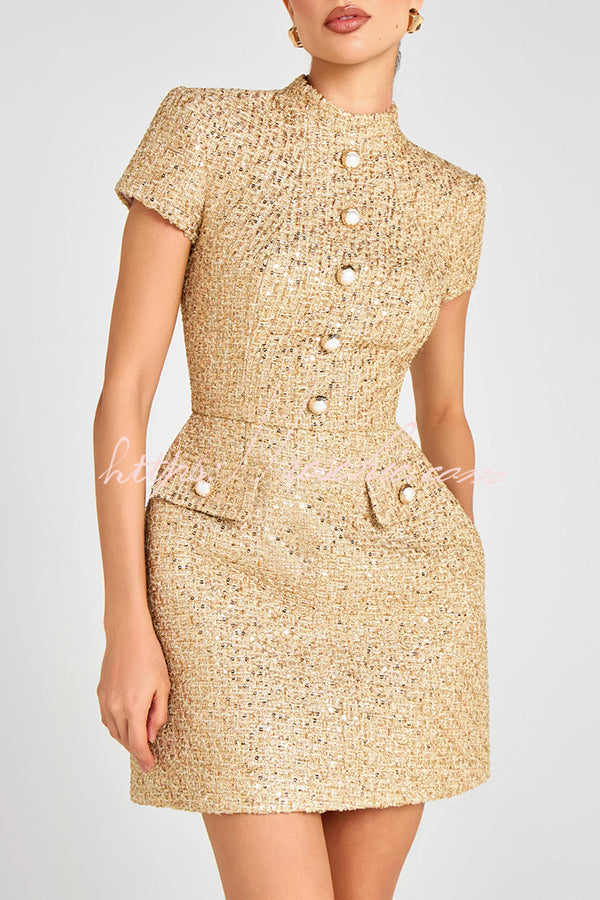 Gold Standard Tweed Fabric Pearl Button Short Sleeve Pocketed Mini Dress