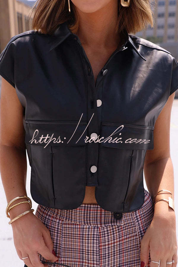 Fashion Faux Leather Pocket Sleeveless Cropped Jacket