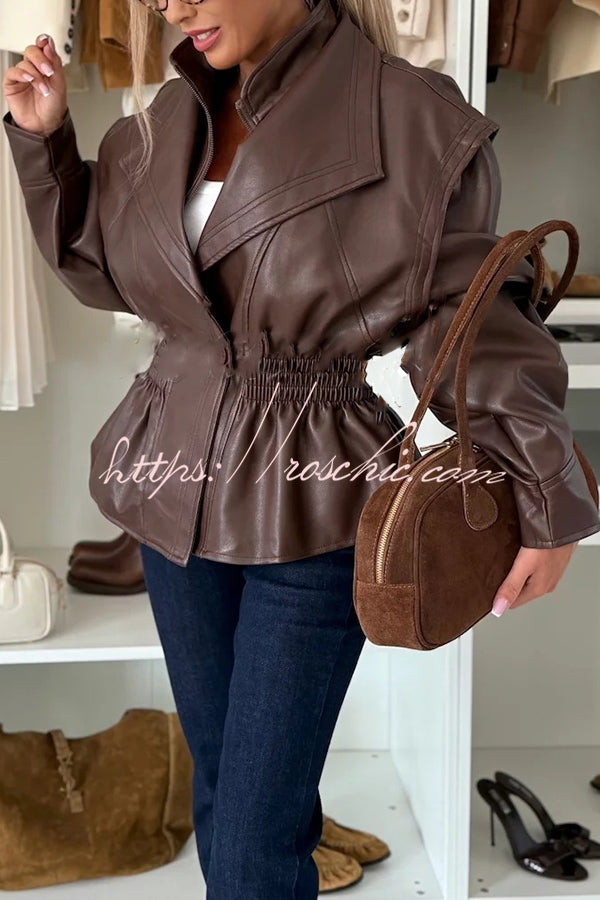 Play It Cool Faux Leather Single Button Elastic Waist Lapel Moto Jacket