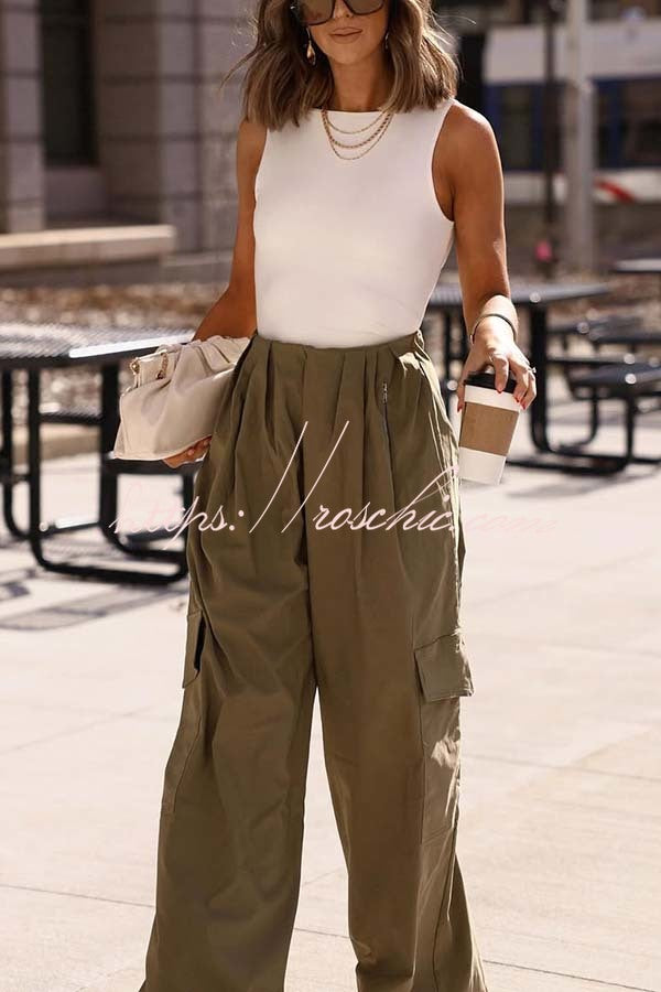 Great Week Pleated Elastic Waist Zipper Pocket Wide Leg Cargo Pants