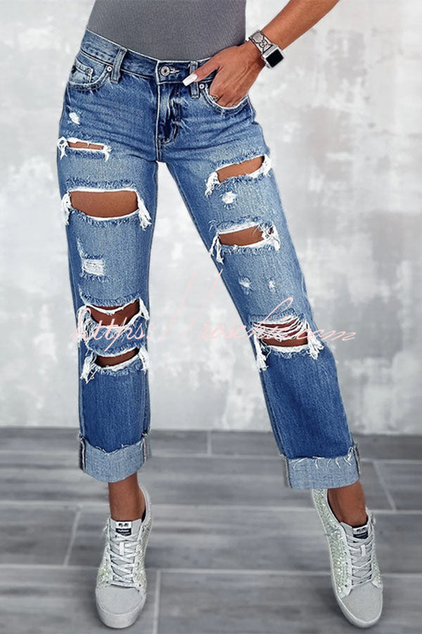 Lucy High Rise Distressed Pocketed Cuffed Hem Straight Leg Denim